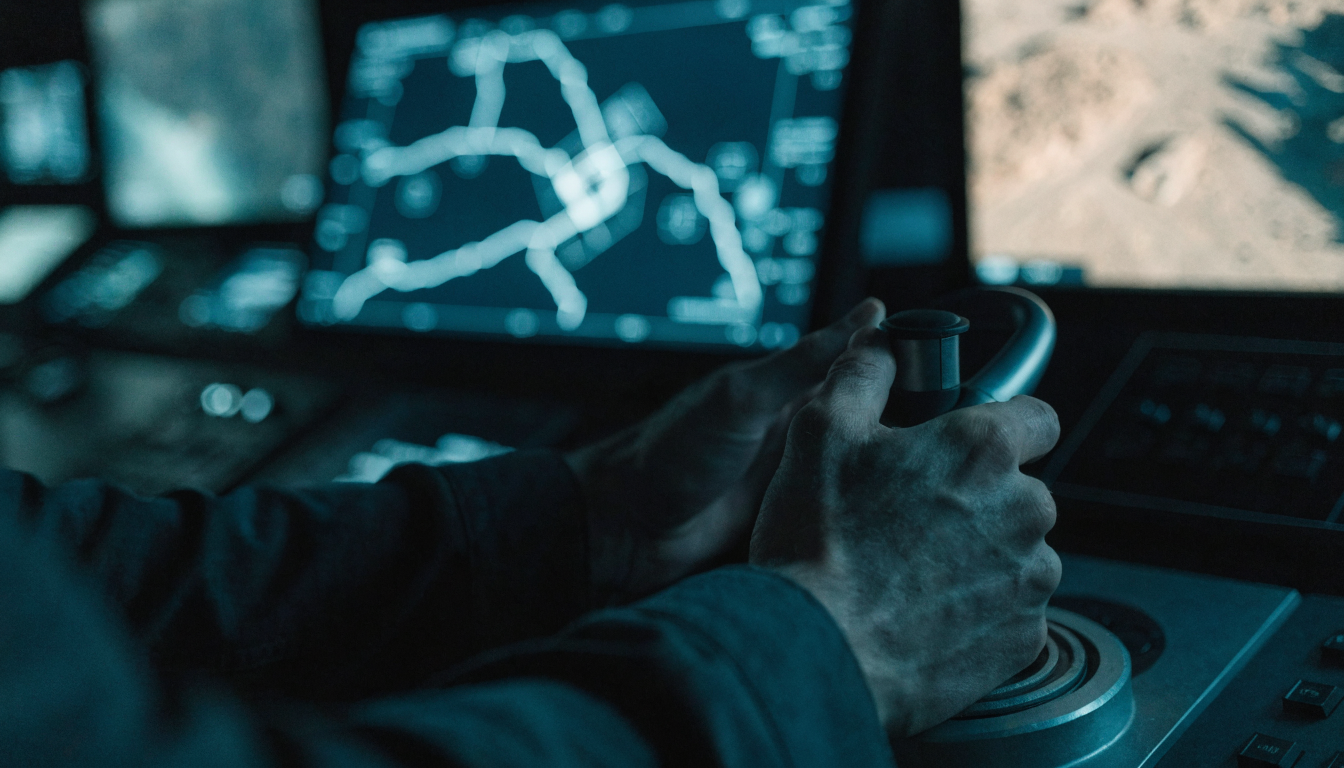 Close-up of hands on a joystick at a land vehicle simulator console, with a tactical map and aerial drone feed on screen