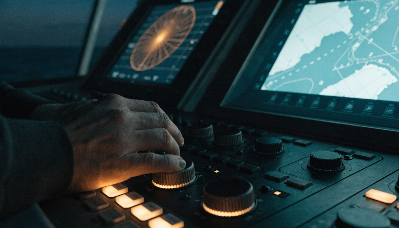 Close-up of hands operating a naval bridge simulator console at night, with ECDIS chart and radar displays