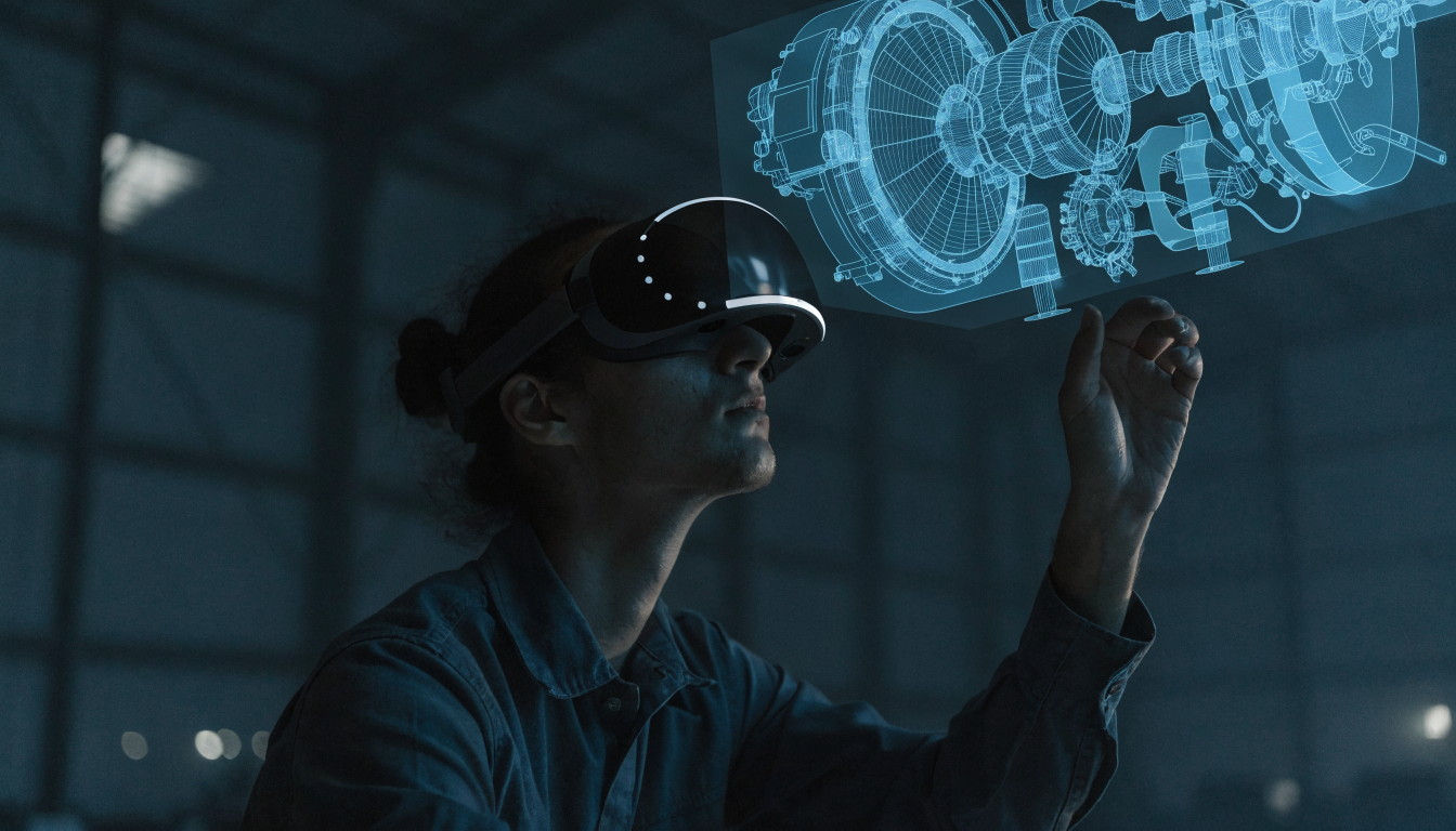 Technician wearing an AR/VR headset interacting with a holographic exploded-view diagram of an aircraft engine in a dark hangar